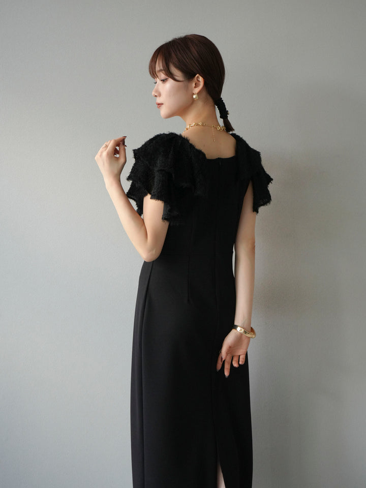 [予約]ジャガードフレアスリーブドレス/ブラック