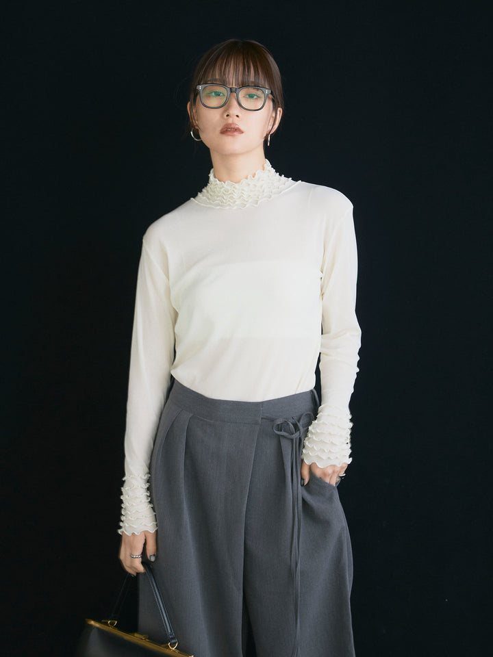 【Allure】[SET]シアーフリルメロートップス+ラップデザインタックワイドパンツ(2set)