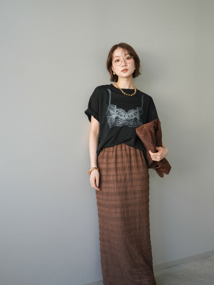 【預購】蕾絲圖案印花T卹/黑色