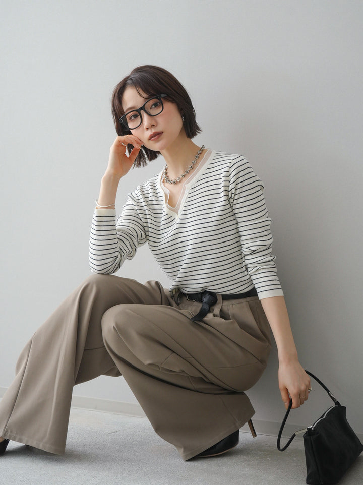 [SET]チュールレイヤードデザインボーダーニットトップス+ベルト付キーホルダーモチーフワイドパンツ(2set)