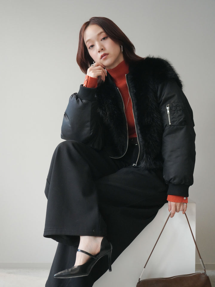 [SET]ファードッキングMA-1+袖ボタンボトルネックリブニットトップス+アニマル柄ベルト付きウールタッチワイドパンツ(3set)