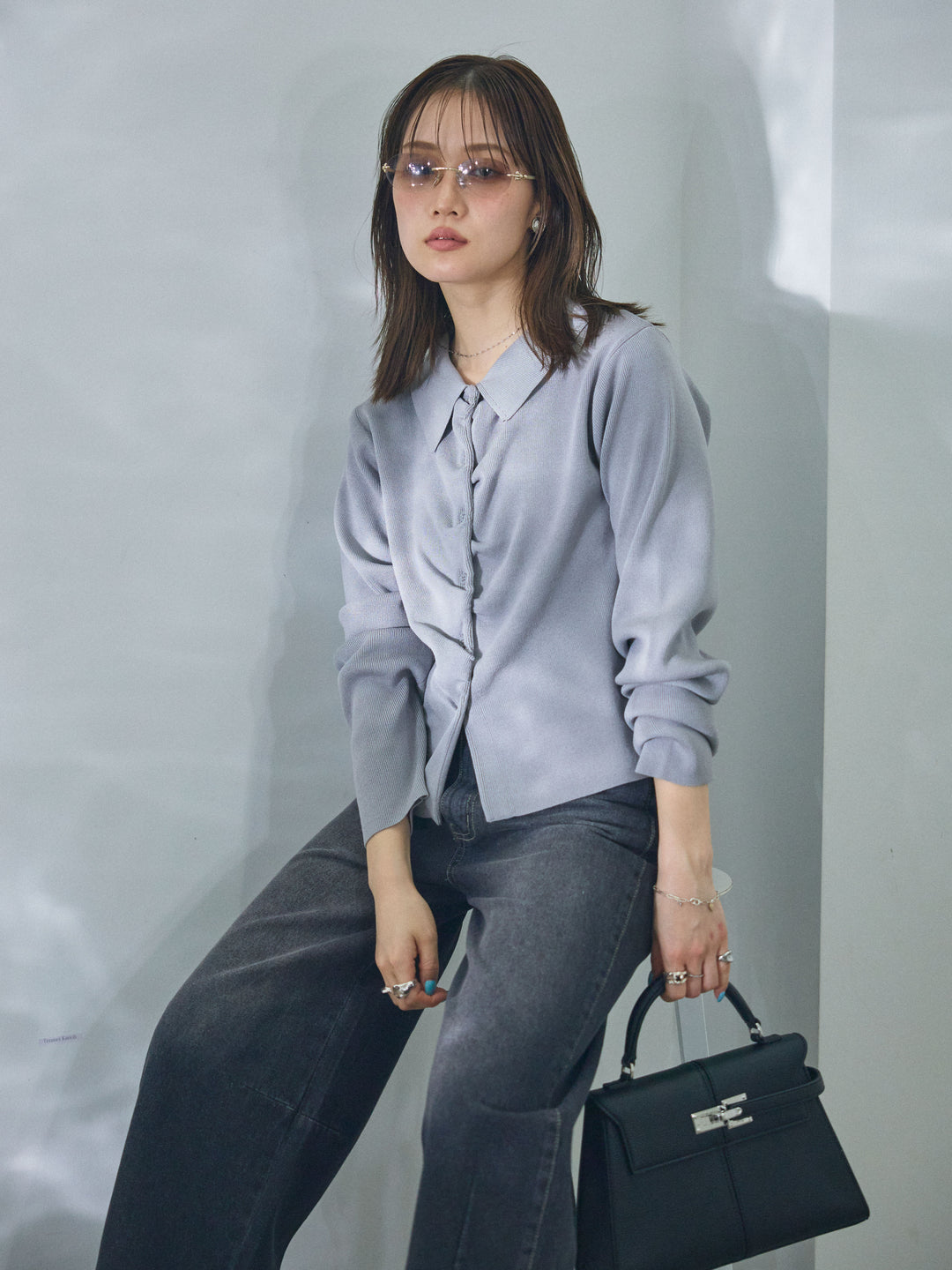 【Allure】[SET]襟付きギャザーニットカーディガン+アシメカーブデニムパンツ(2set)