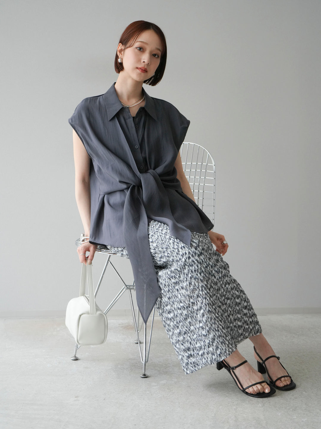 [SET]フロントタイシアーブラウス+マルチカラーランダムプリーツタイトスカート(2set)