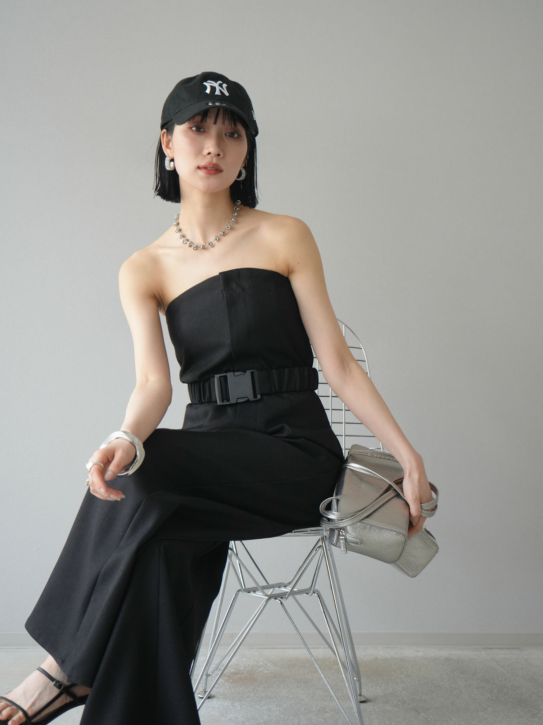 【預購】混色斜紋腰帶熊圖案工裝褲/黑色