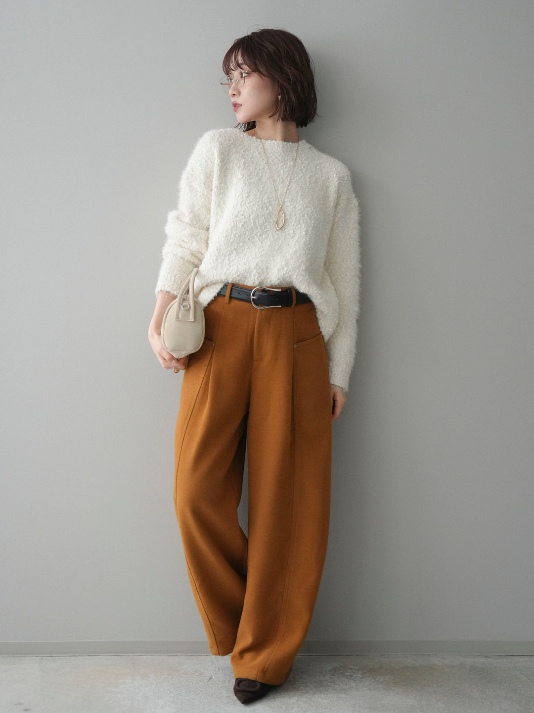 [SET]モールラメミックスヤーンニットプルオーバー+ベルト付起毛コクーンパンツ(2set)