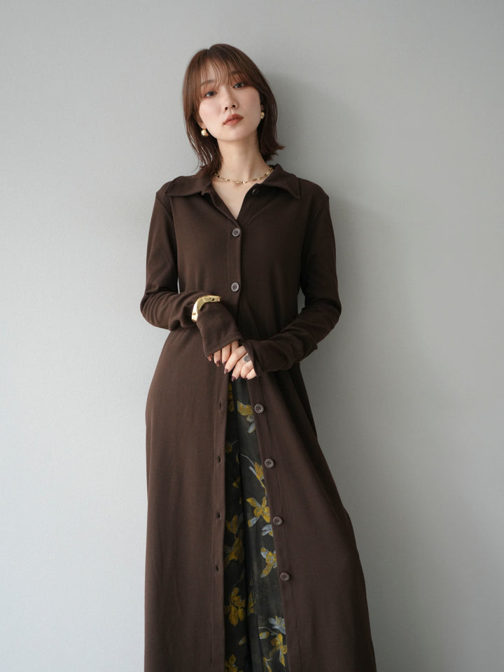 [SET]襟付きカットリブボタンワンピース+フラワープリントチュールレイヤードパンツ(2set)