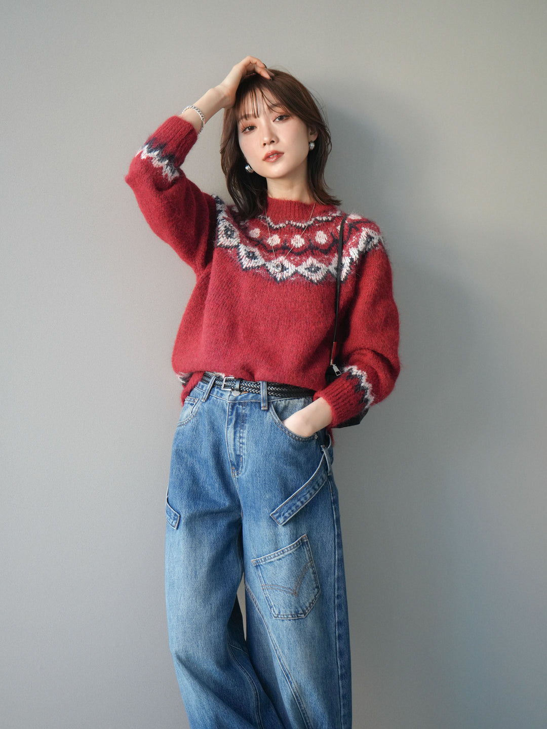 [予約]ソフトタッチ求心柄ニットプルオーバー/red