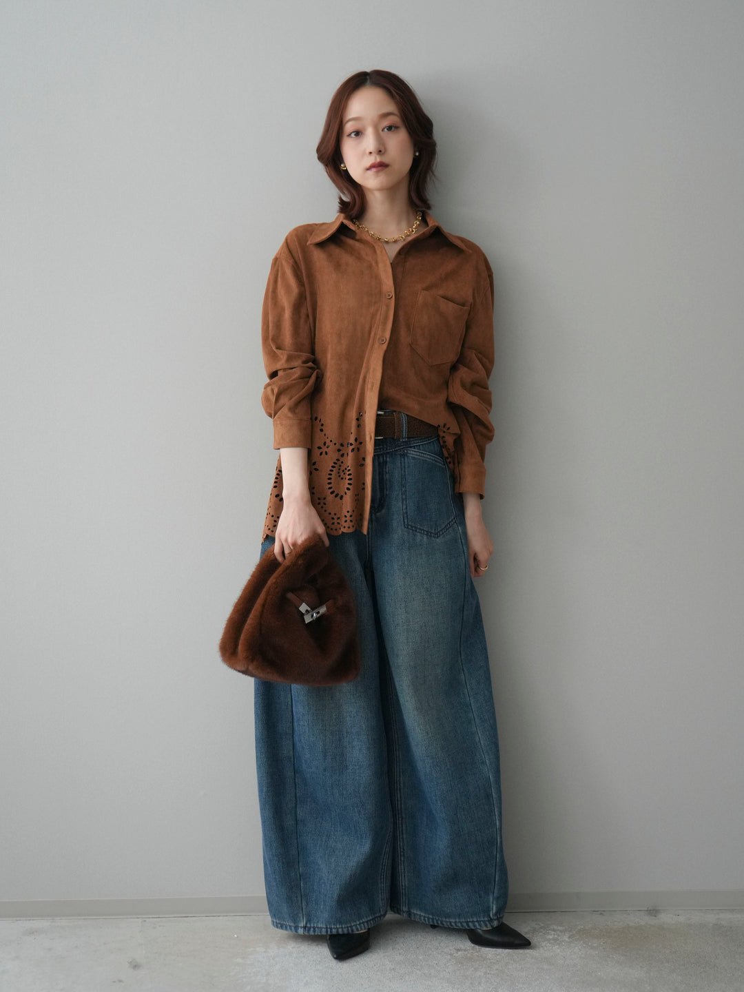 [SET]裾スカラップスエードシャツ+ベルト付裏起毛カーブデニムパンツ(2set)