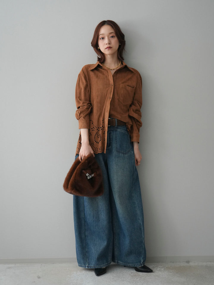 [SET]裾スカラップスエードシャツ+ベルト付裏起毛カーブデニムパンツ(2set)