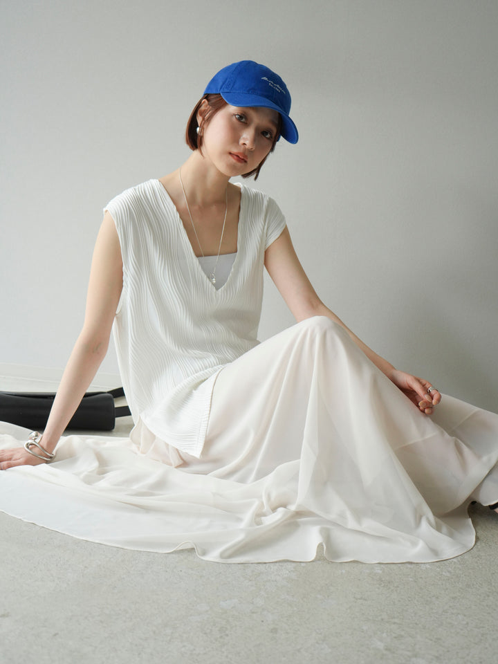 [SET]ウェーブパイピングVネックベスト+シフォンフレアスカート(2set)