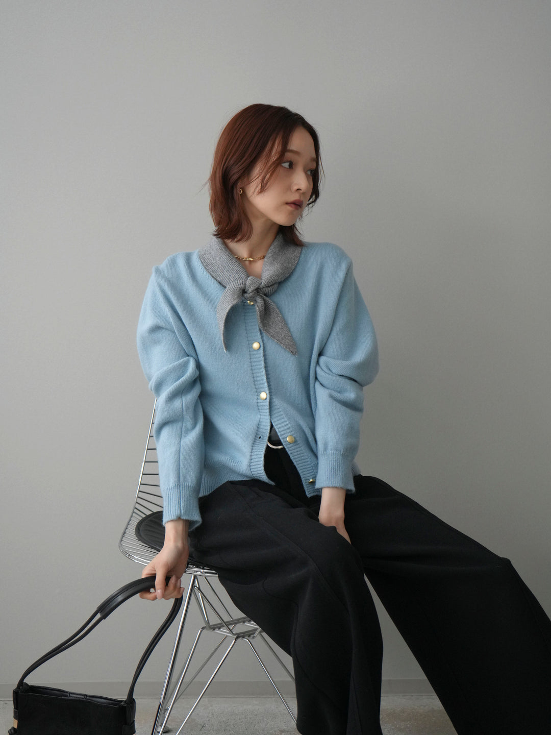 [SET]デザイン襟ニットカーディガン+ベルト付起毛コクーンパンツ(2set)