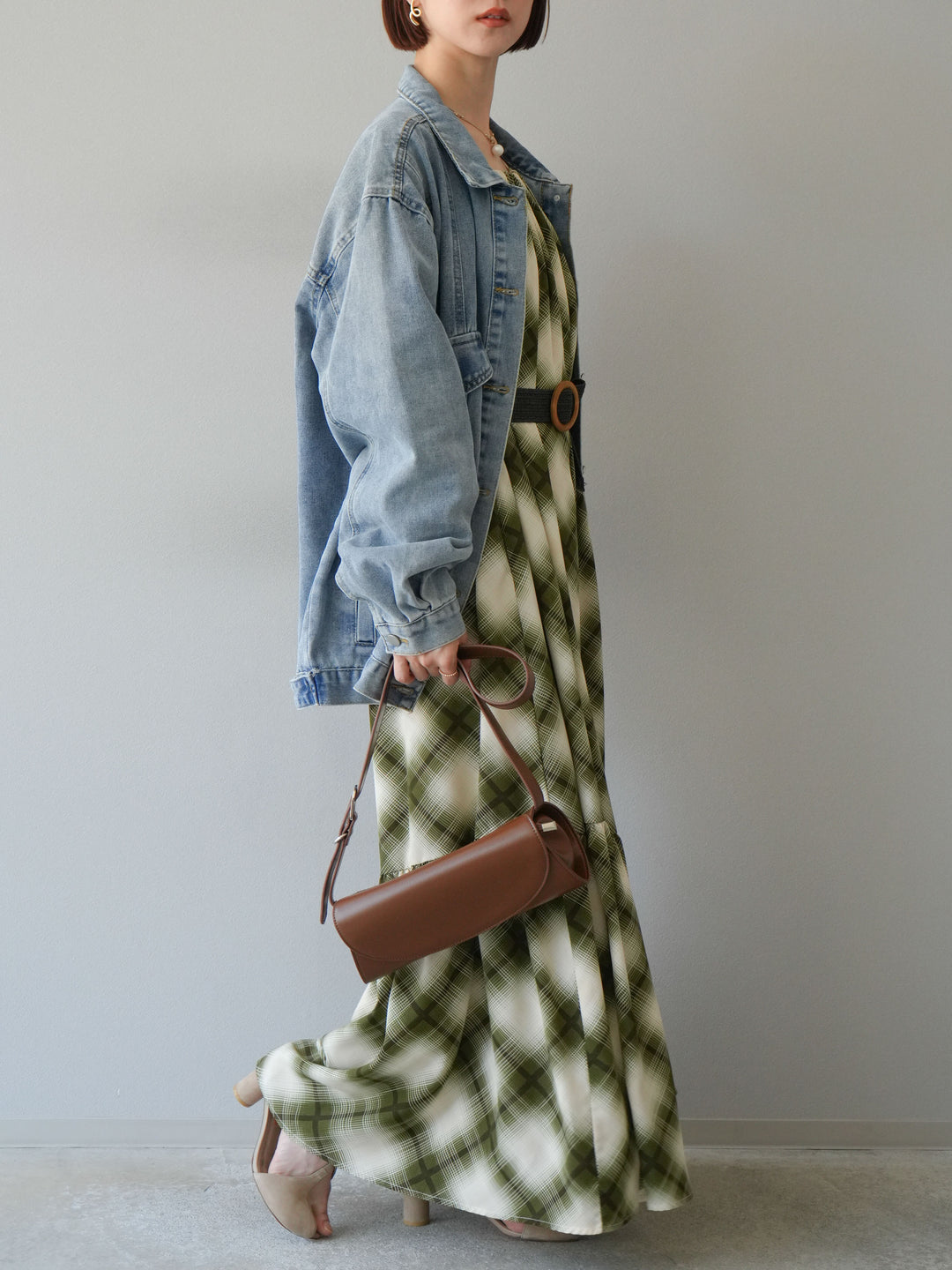 [SET]ベルト付チェックノースリーブワンピース+ビンテージデザインBIGデニムジャケット(2set)