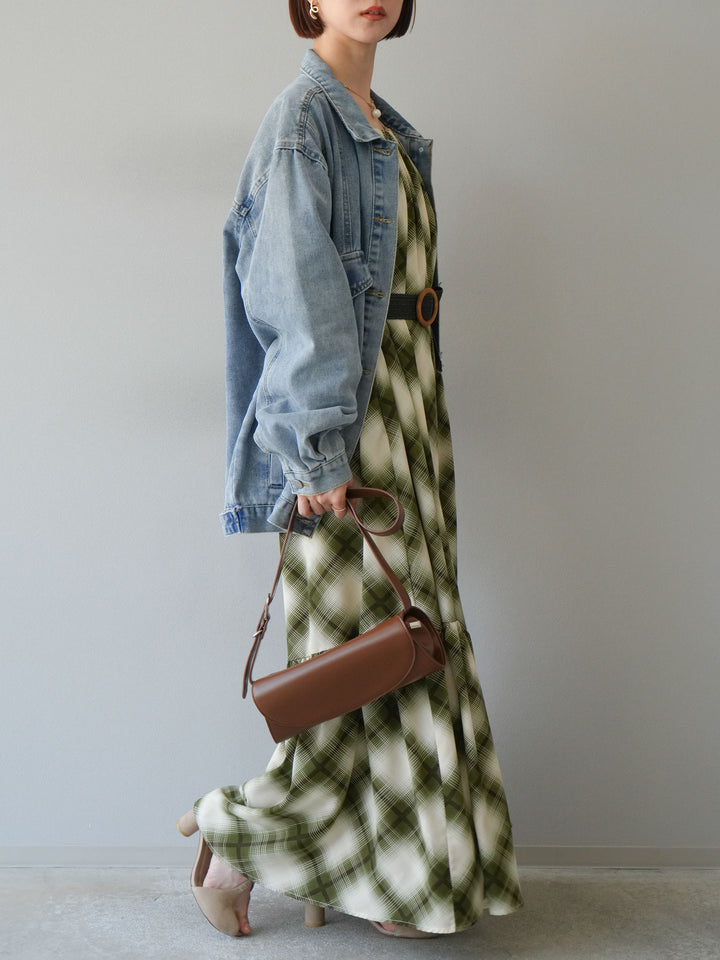 [SET]ベルト付チェックノースリーブワンピース+ビンテージデザインBIGデニムジャケット(2set)
