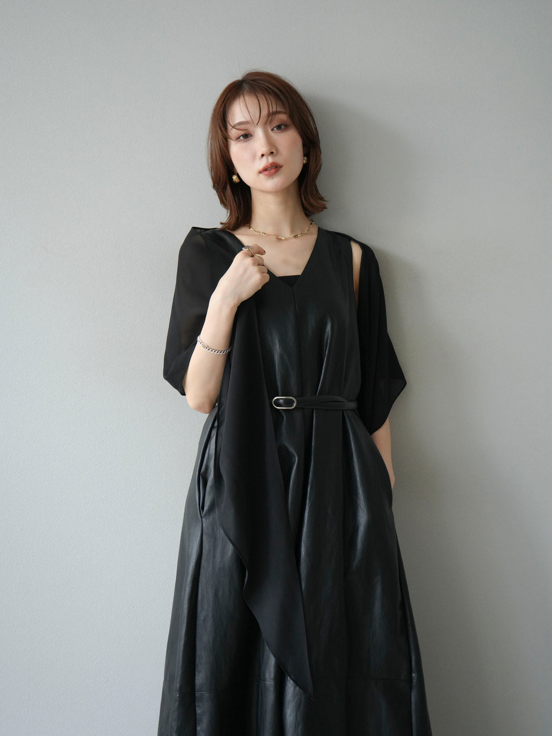 [予約]レザーAラインワンピース/ブラック