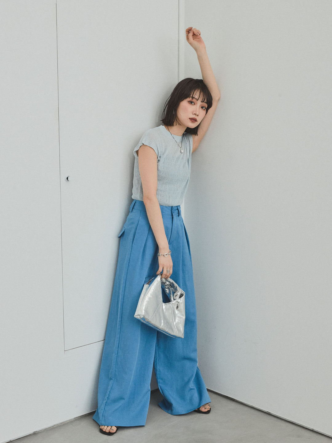 [SET] 法式袖透視針織上衣 + 亞麻觸感褶皺寬褲 (2set)