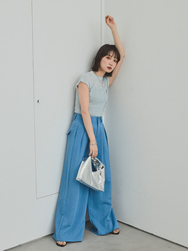 [SET] 法式袖透視針織上衣 + 亞麻觸感褶皺寬褲 (2set)