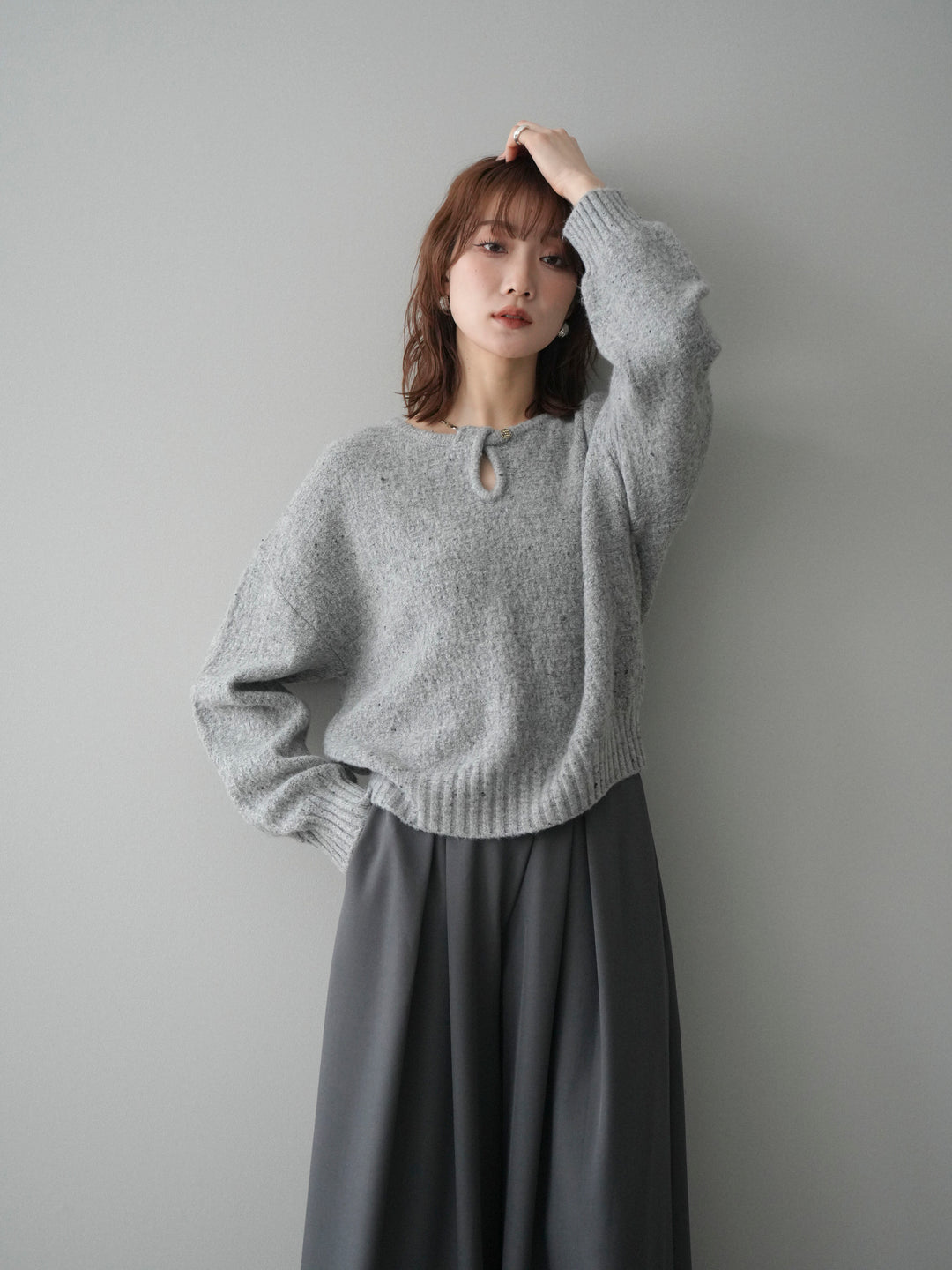 [予約]ツイストネックラメネップヤーンニットプルオーバー/gray