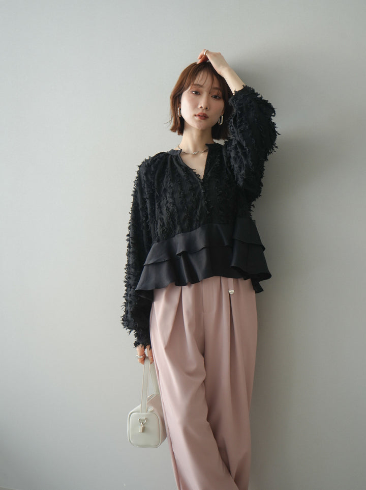 [SET]ジャガードぺプラムフリルブラウス+ベルト付キーホルダーモチーフワイドパンツ(2set)