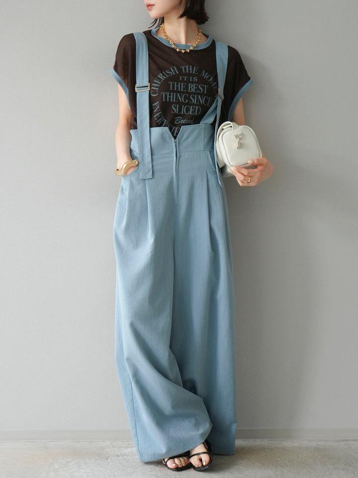 [SET]ストリングデザインハイウエストサロペット+シアーフライス ロゴプリントT (2set)