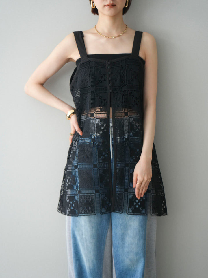 [SET]配色パネルレースキャミソール+デニム切替スウェットパンツ(2set)