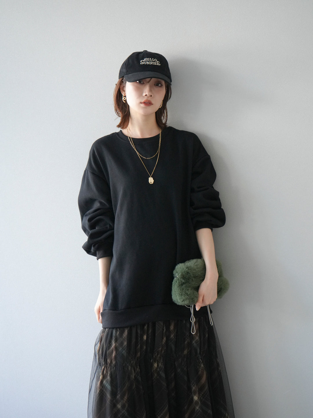 [予約]スウェットドッキングチェック柄レイヤードワンピース/ブラック