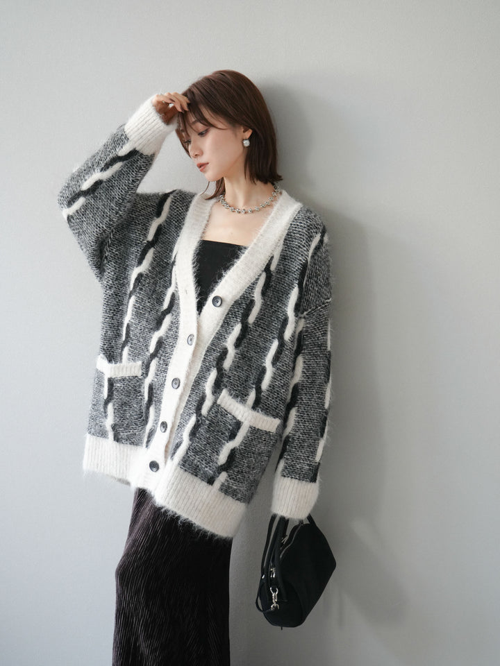 [SET]バイカラー編み込みデザインニットカーディガン+ベロアプリーツナロースカート(2set)