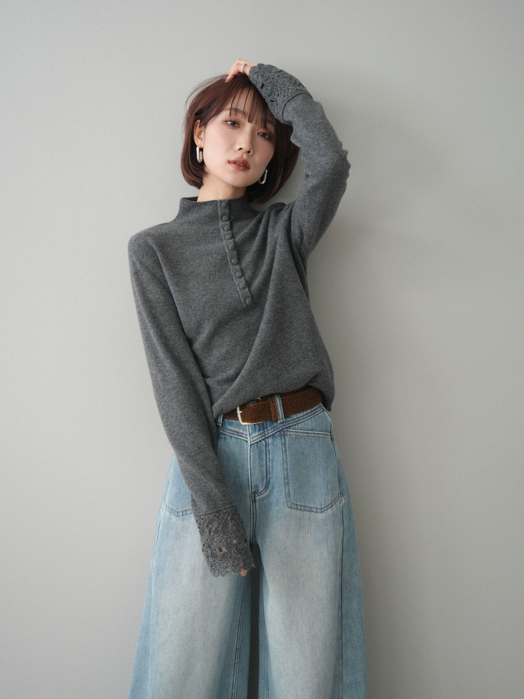 [SET]袖スカラップレースフロントボタンウールニットトップス+袖スカラップレースフロントボタンウールニットトップス(2set)