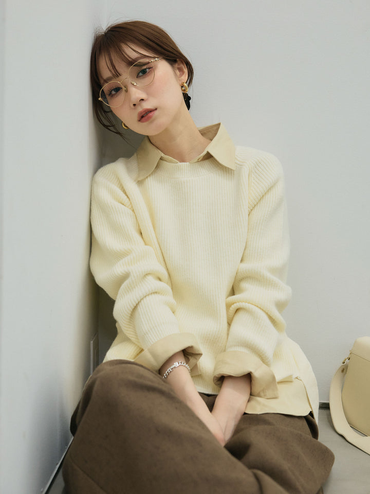 【Allure】[SET]サイドスリット畦編みニットプルオーバーシャツアンサンブル+ループデザインツイルワイドパンツ(2set)