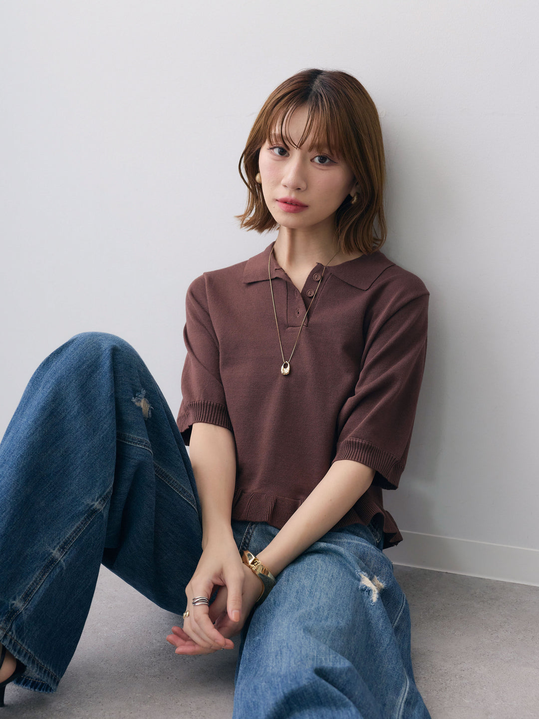 [SET]クールタッチポロフリルニットプルオーバー+選べるアクセセット(2set)