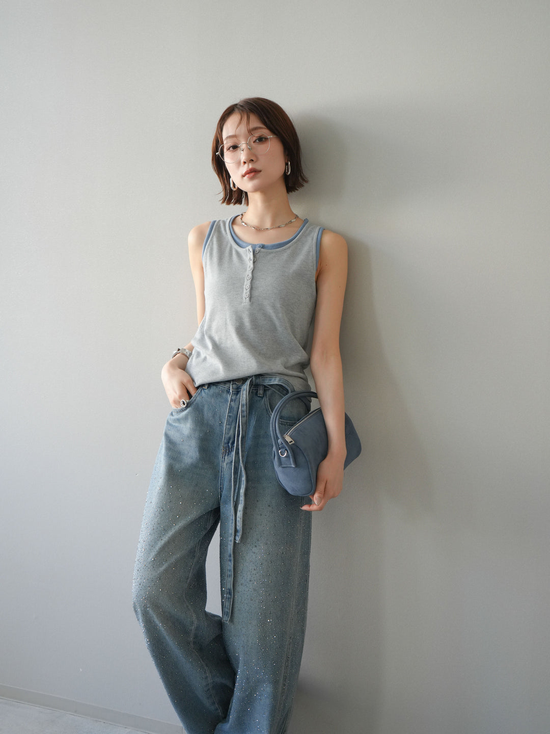 [SET]配色リブヘンリータンクトップ+ウエストベルトビジューワイドデニムパンツ(2set)