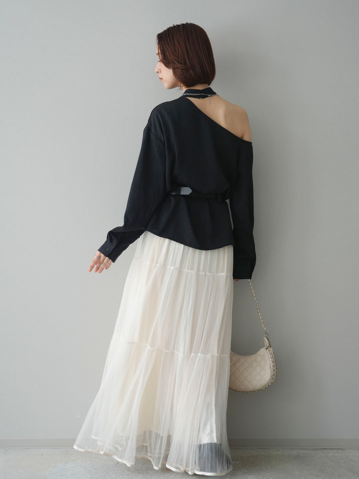[SET]ベルト付ワンショルダースリットブラウス+ラメプリーツレイヤードチュールロングスカート(2set)