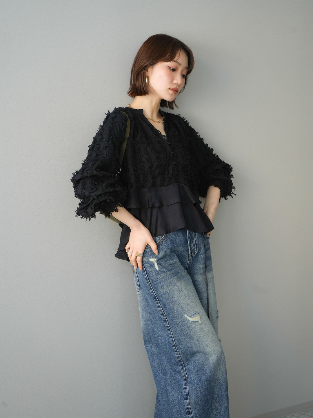 [SET]ジャガードぺプラムフリルブラウス+ダメージデニムセミワイドパンツ(2set)