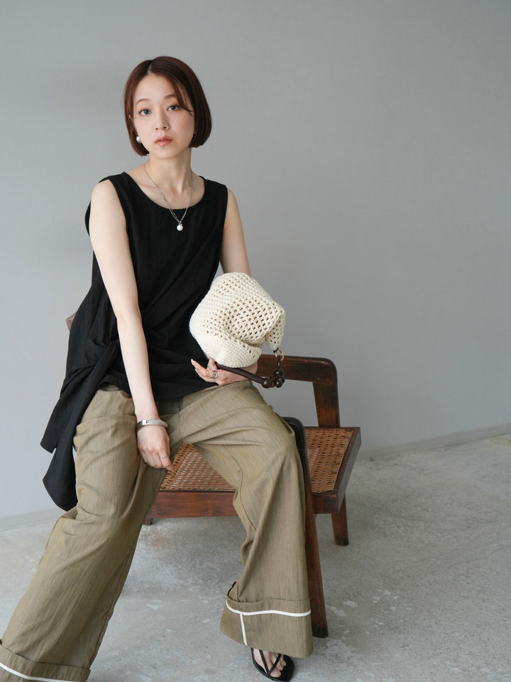 [SET] 前裹式無袖上衣+麻質下擺回型寬褲（2件組）