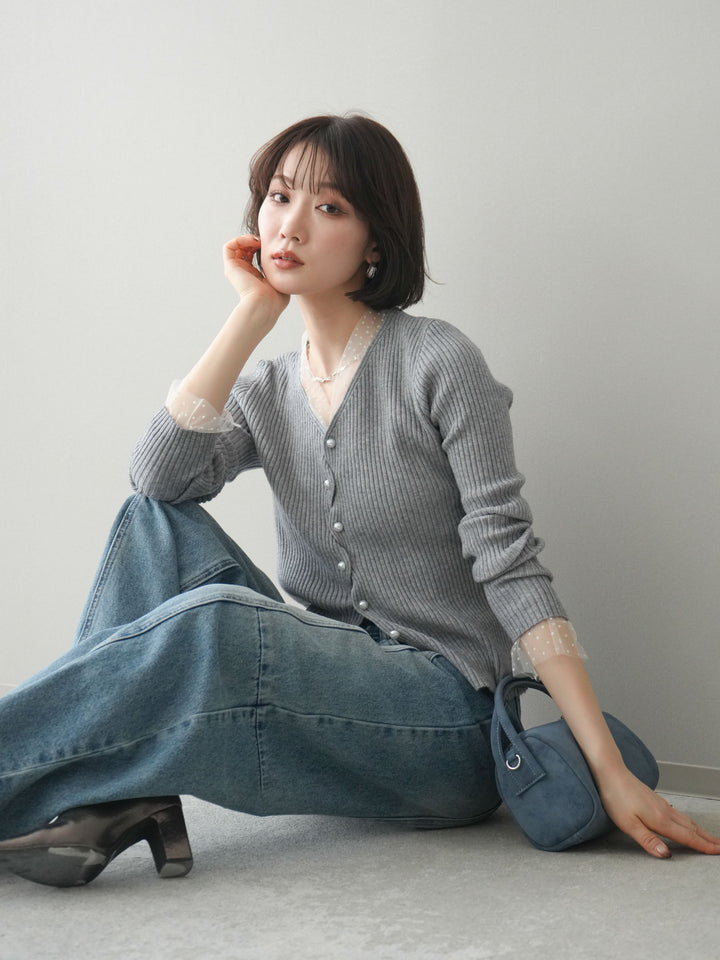 [予約]チュールドッキングパールボタンニットカーディガン/gray