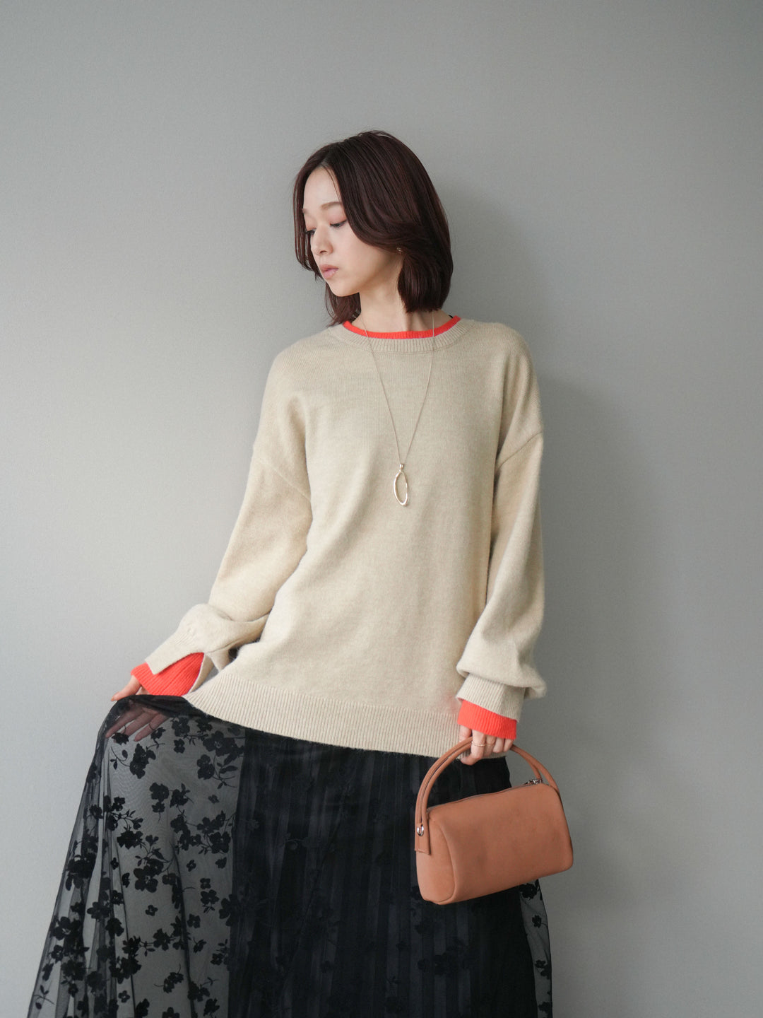 [SET]ヘンリーネック配色レイヤードニットプルオーバー+フラワーフロッキーチュールプリーツスカート(2set)