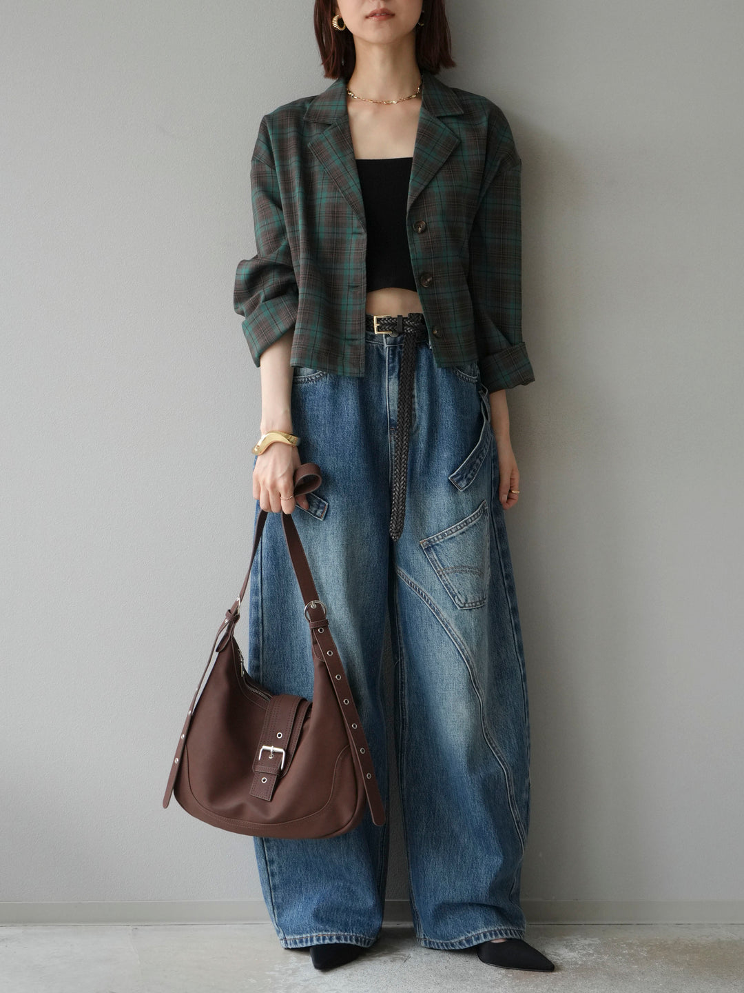 [予約]チェック柄ショートジャケット/ブラウン