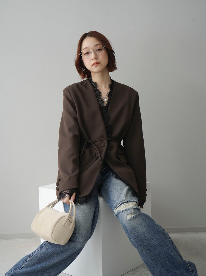 [SET]ノーカラーレースジャケット+カップ付テレコリブベアキャミソール(2set)