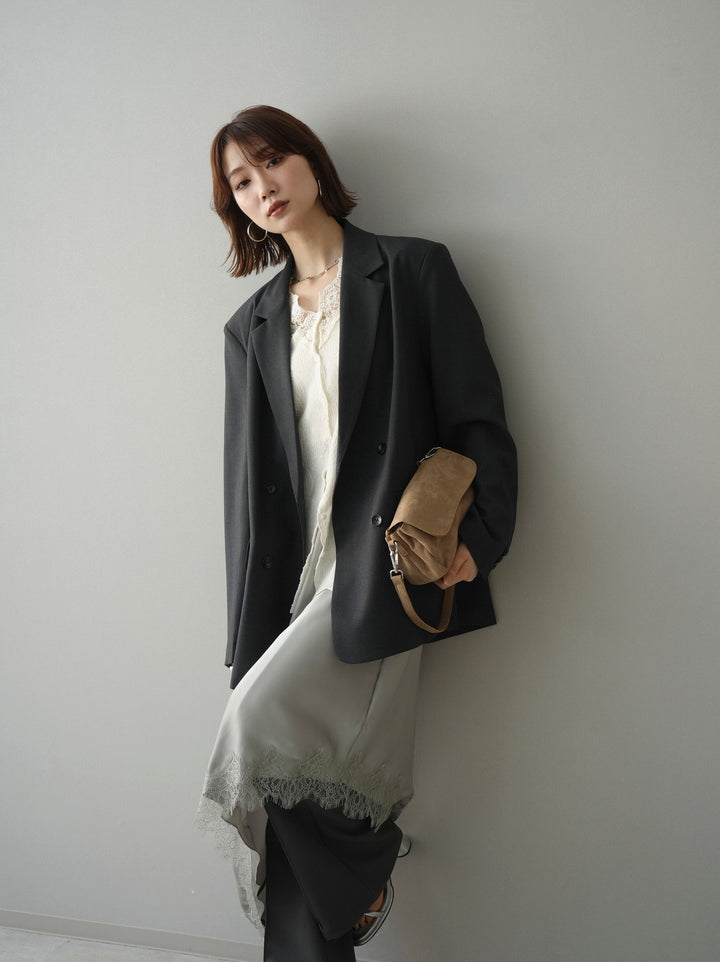 [SET]ダブルブレストオーバージャケット+サテンライクアシメレーススカート+センターシームフレアパンツ(3set)