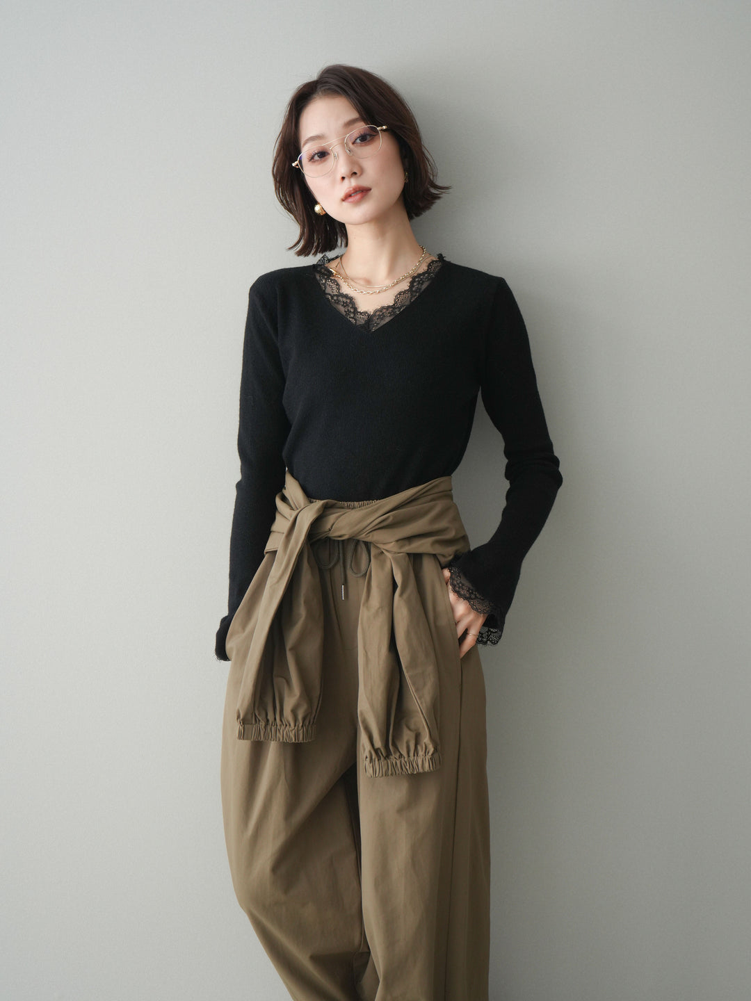 [SET]レースドッキングVネックニットトップス+レースドッキングVネックニットトップス(2set)