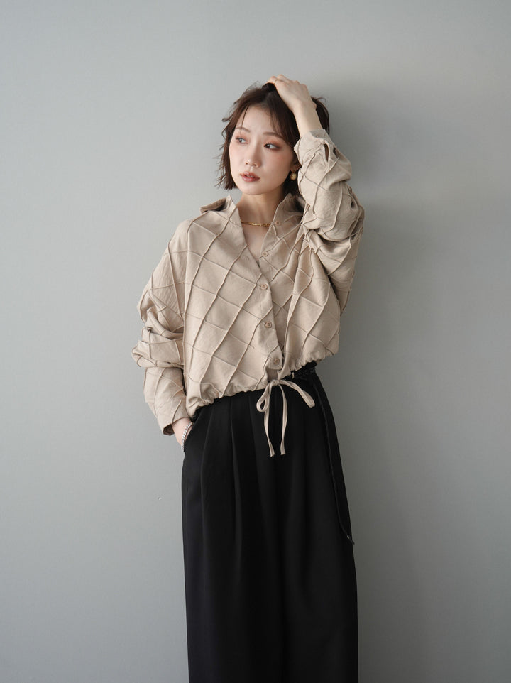 [SET]パイピングクロスデザインブラウス+編み込みベルト付タックワイドパンツ(2set)