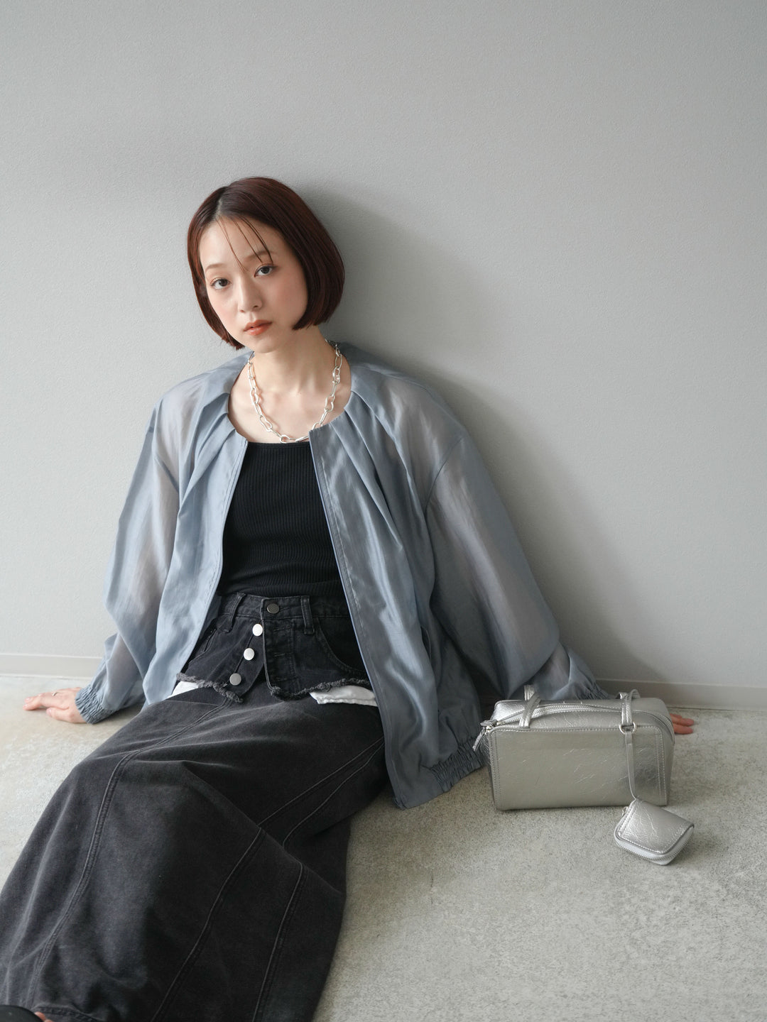 【預訂】褶襉設計透視上衣/灰色