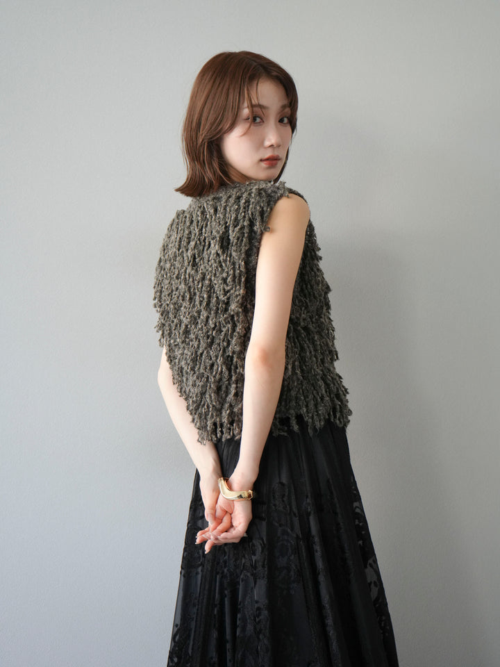 [SET]フリンジループニットベスト+アンティーク柄フロッキーマキシスカート(2set)