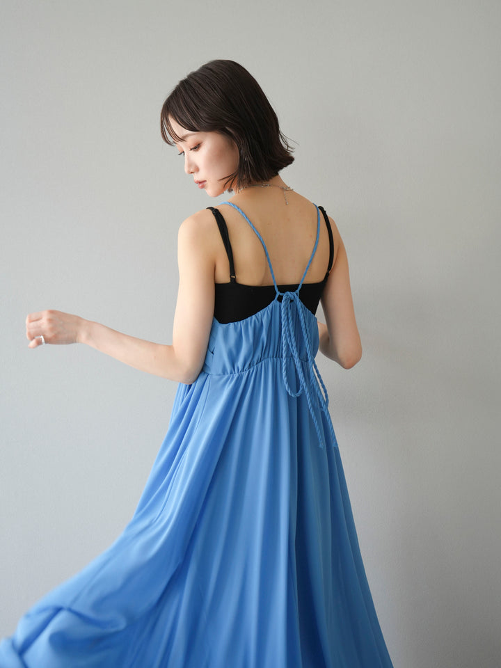 [SET]編み込みデザインシフォンワンピース+カップ付テレコリブベアキャミソール(2set)