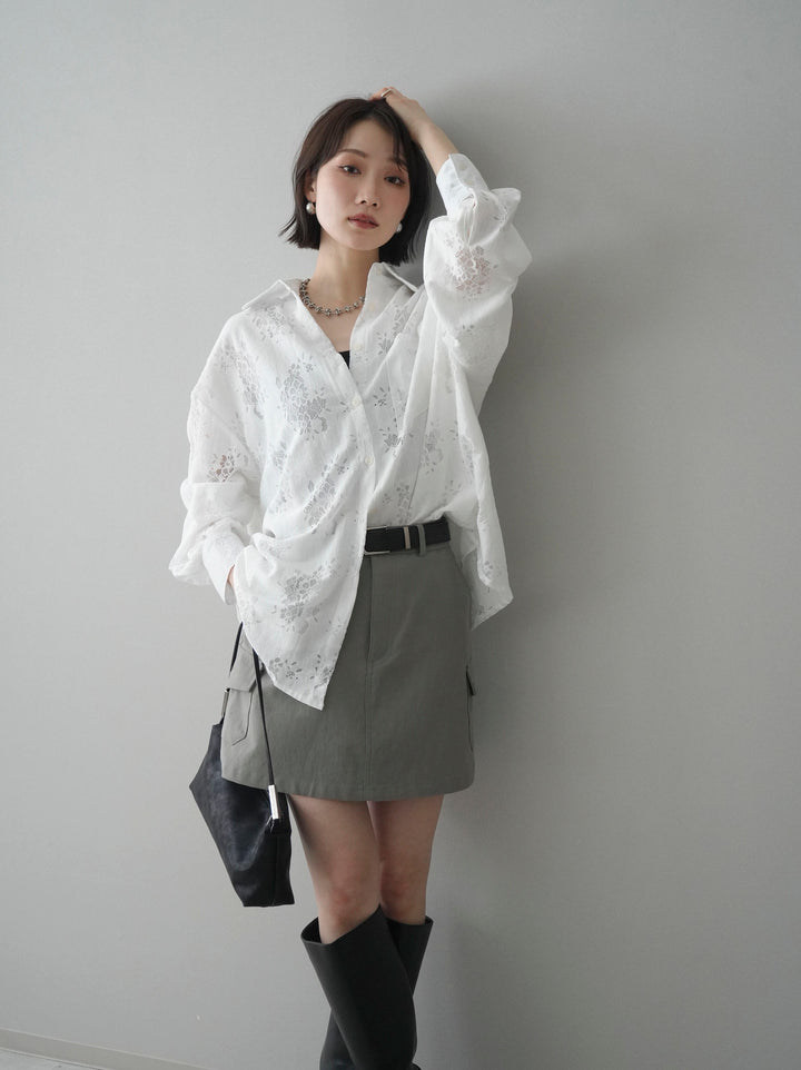 【套裝】提花蕾絲罩衫+繫帶工裝迷你裙（兩件套）