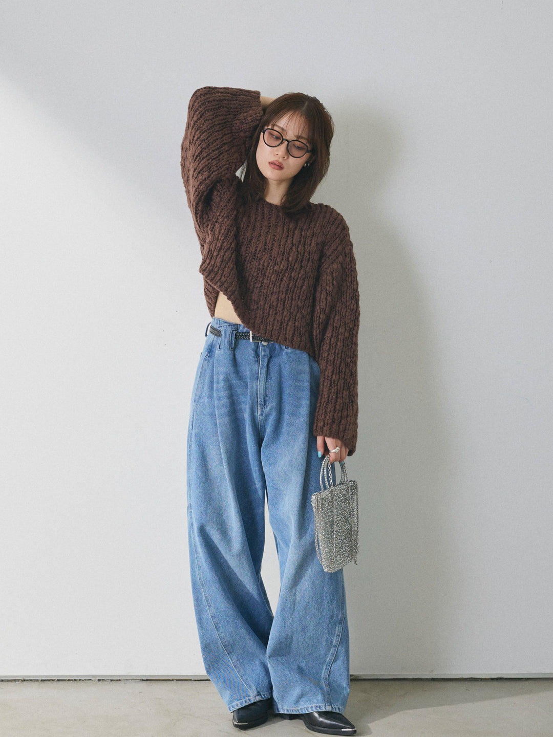 【Allure】[SET]クロップドチャンキースラブニットプルオーバー+ハイウエストベルトループデザインデニムパンツ(2set)