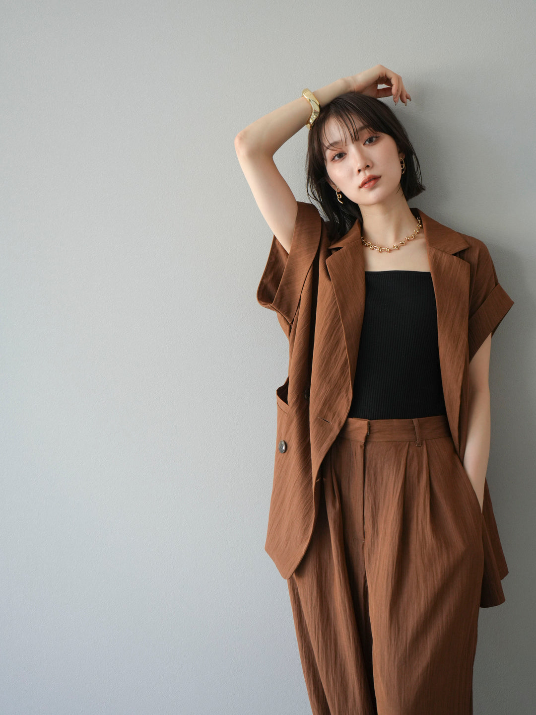 [SET]リネンライクノースリーブダブルジレ+選べるアクセセット(2set)