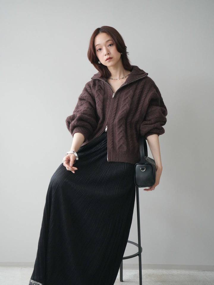 [SET]ケーブル編みハイネックZIPニットカーディガン+裾レーススウェードプリーツマキシスカート(2set)