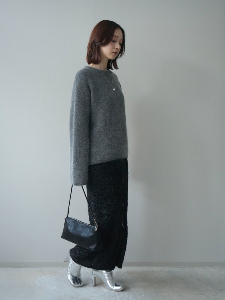 [SET]アンゴラタッチクルーネックニットプルオーバー+ラメシャギーフロントジップスカート(2set)