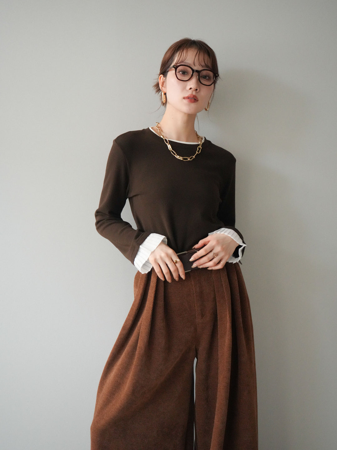 [予約]袖プリーツ配色レイヤードトップス/brown