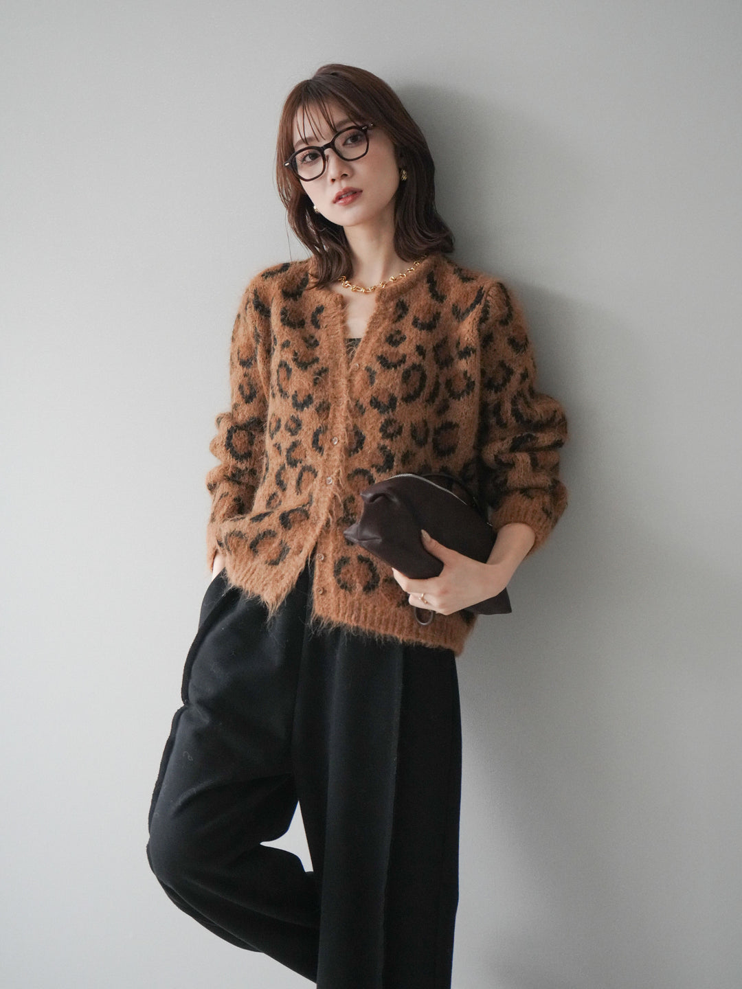 [SET]モヘアタッチレオパード柄ニットカーディガン+選べるアクセセット(2set)